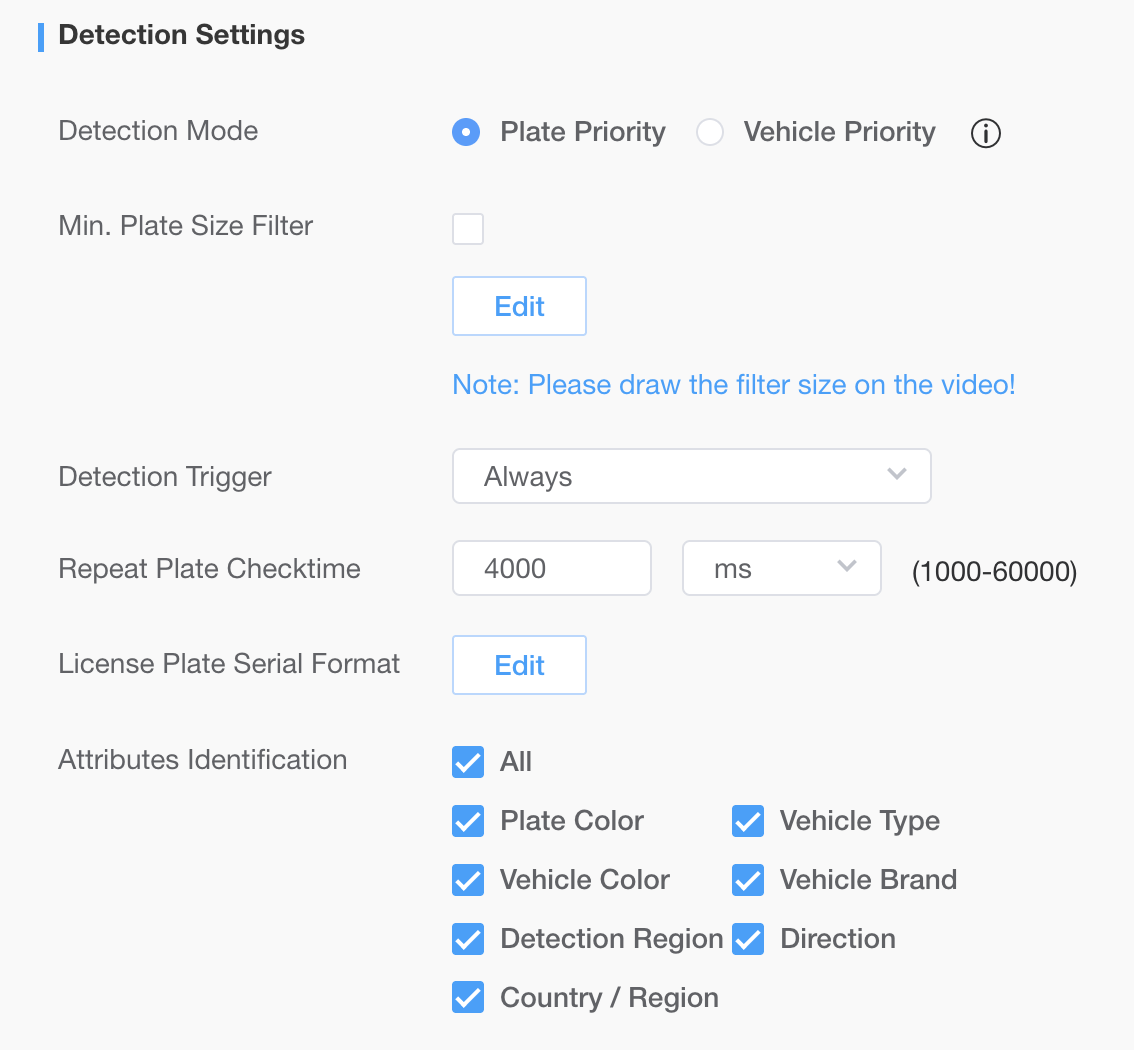 Milesight web interface: Detection Settings with the Attributes Identification All checkbox checked
