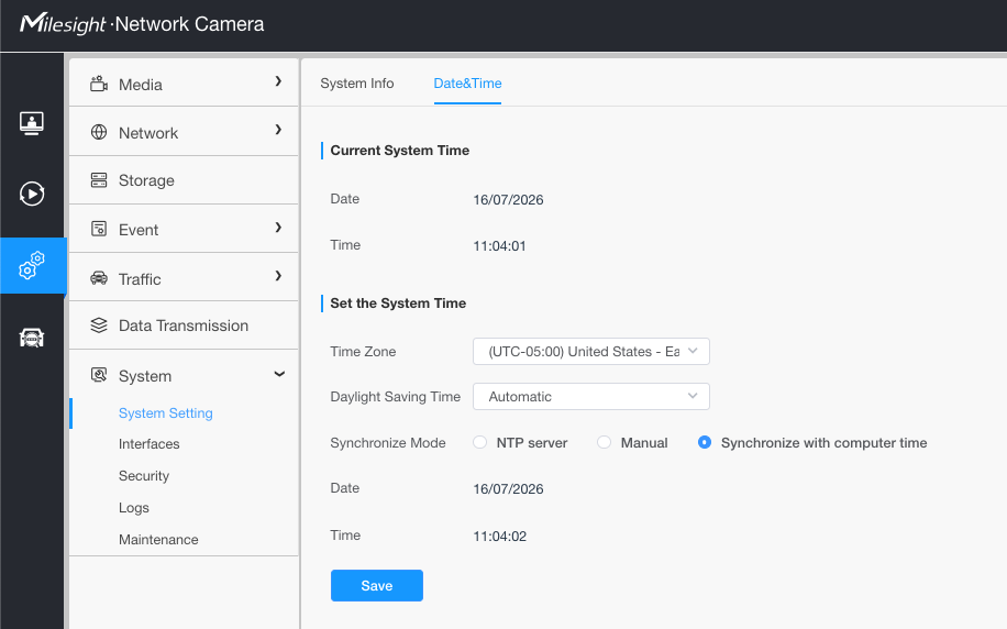 Milesight web interface: System, System Setting, Date and Time tab with the Save button at the bottom