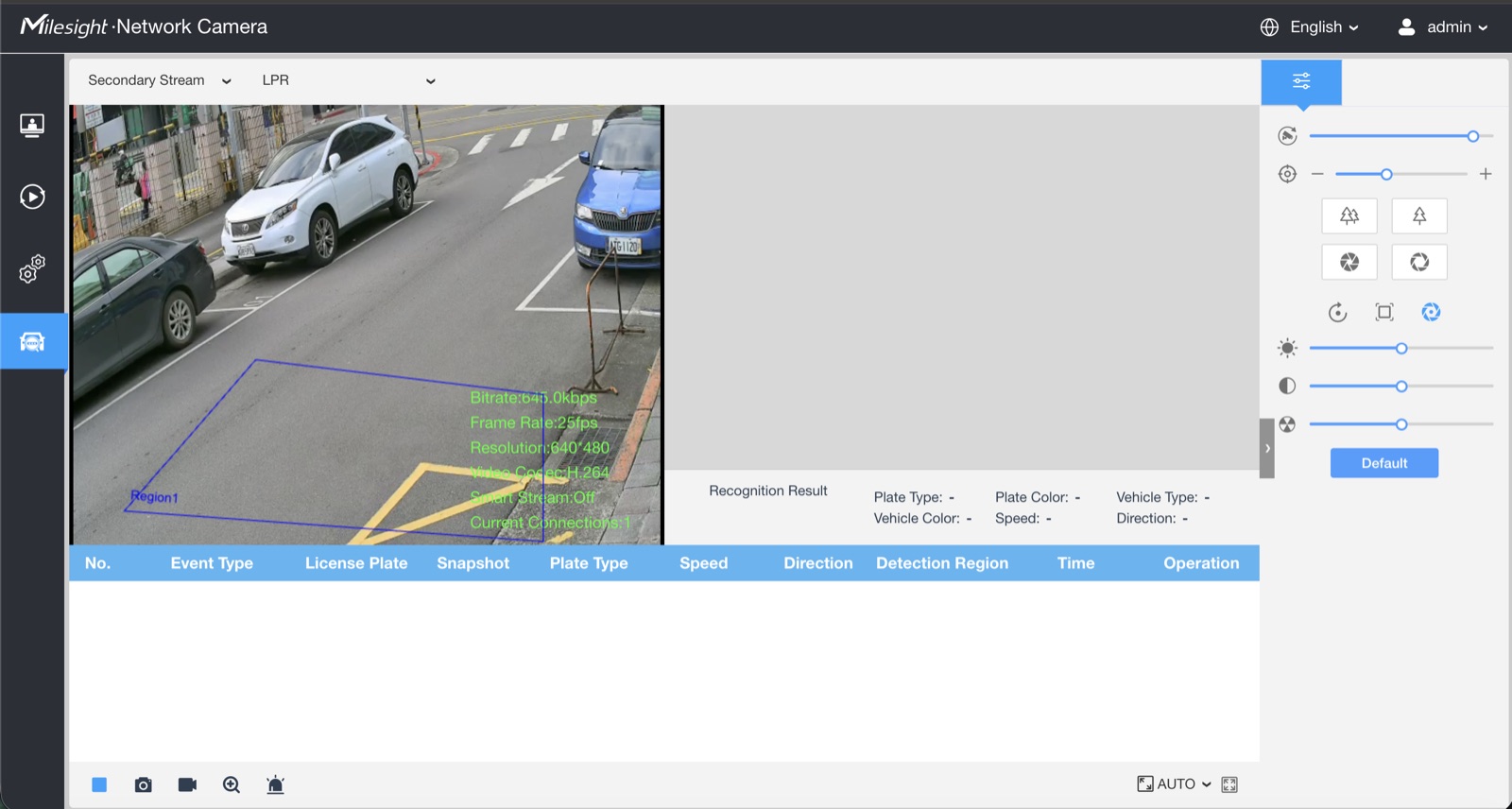 Live view with LPR detection overlay in the Milesight web interface