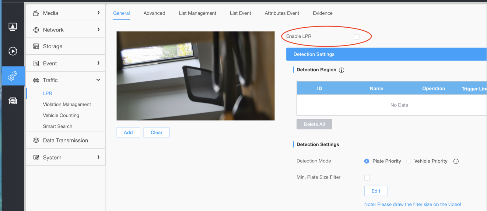 Milesight web interface: settings wheels, Traffic, LPR, with the Enable LPR checkbox circled