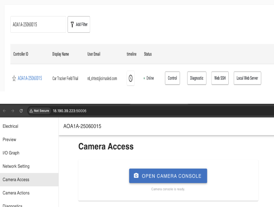 ScreenHub Control controller list with Local Web Server button, and the Local Web Server Camera Access page with Open Camera Console button