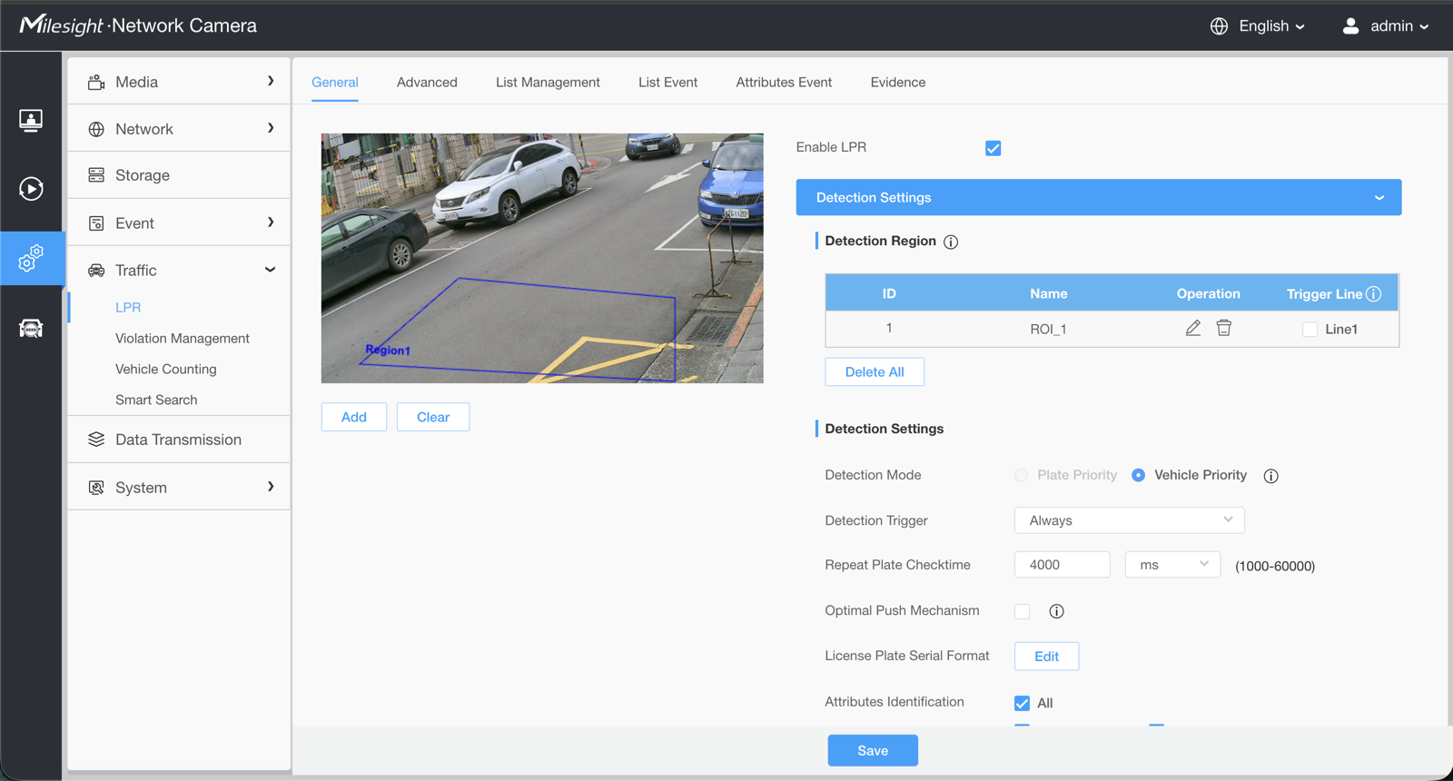 ROI configuration in the Milesight web interface: Traffic, LPR, General, with the detection region drawn as a blue box