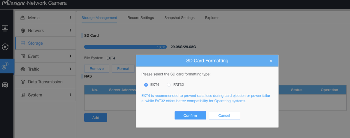 SD Card Formatting dialog with EXT4 selected, and Confirm and Cancel buttons