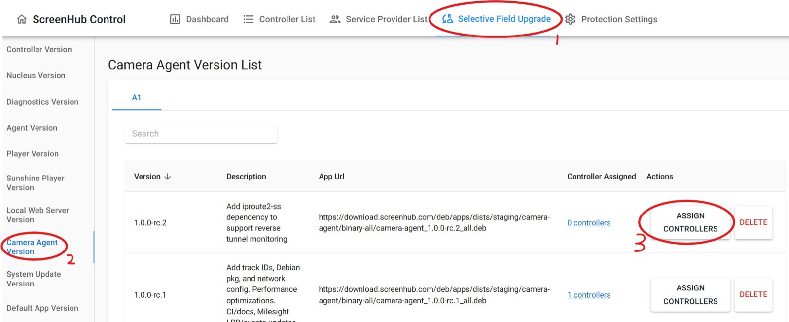 ScreenHub Control, Selective Field Upgrade: Camera Agent Version list with Assign Controllers action